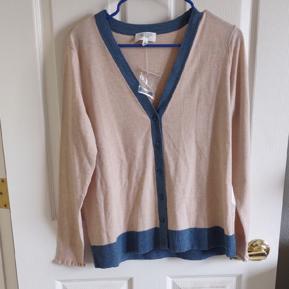 Candace Cameron Bure Oatmeal Blue Cardigan Sweater Small